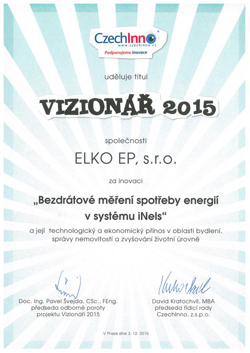 ELKO EP: Bezdrátový systém iNELS získal prestižní ocenění Vizionář 2015